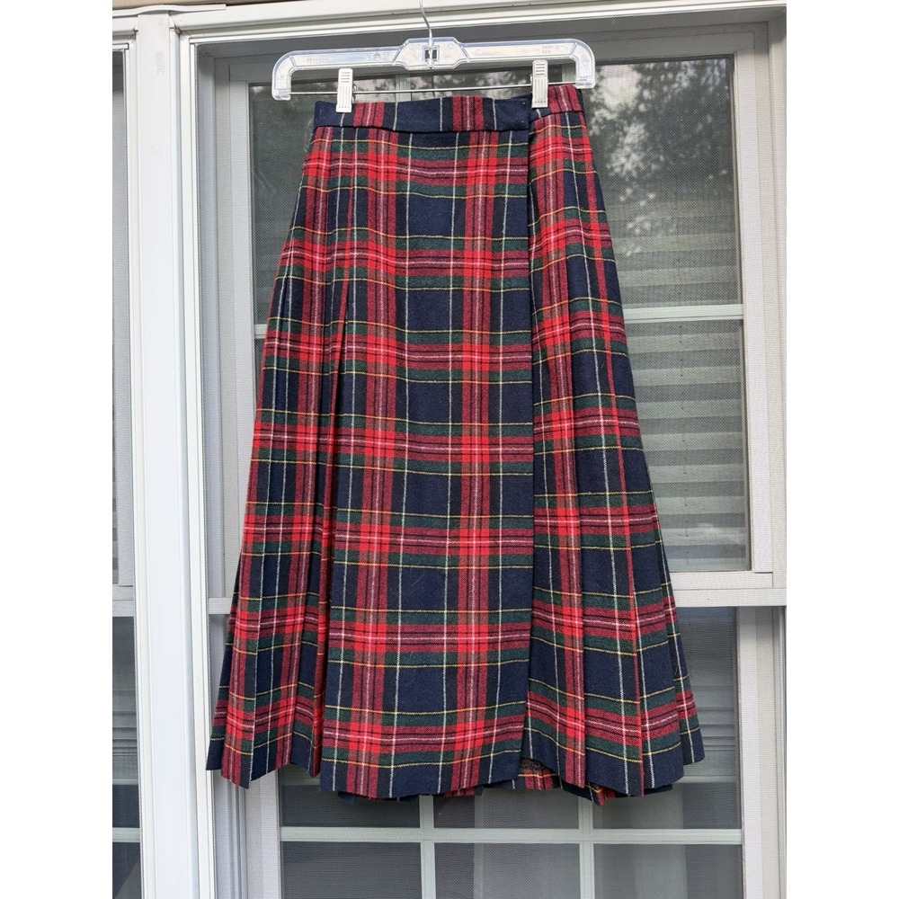 Vintage Peerless of Boston Tartan Plaid Pleated Wool Midi Skirt 24" Waist USA